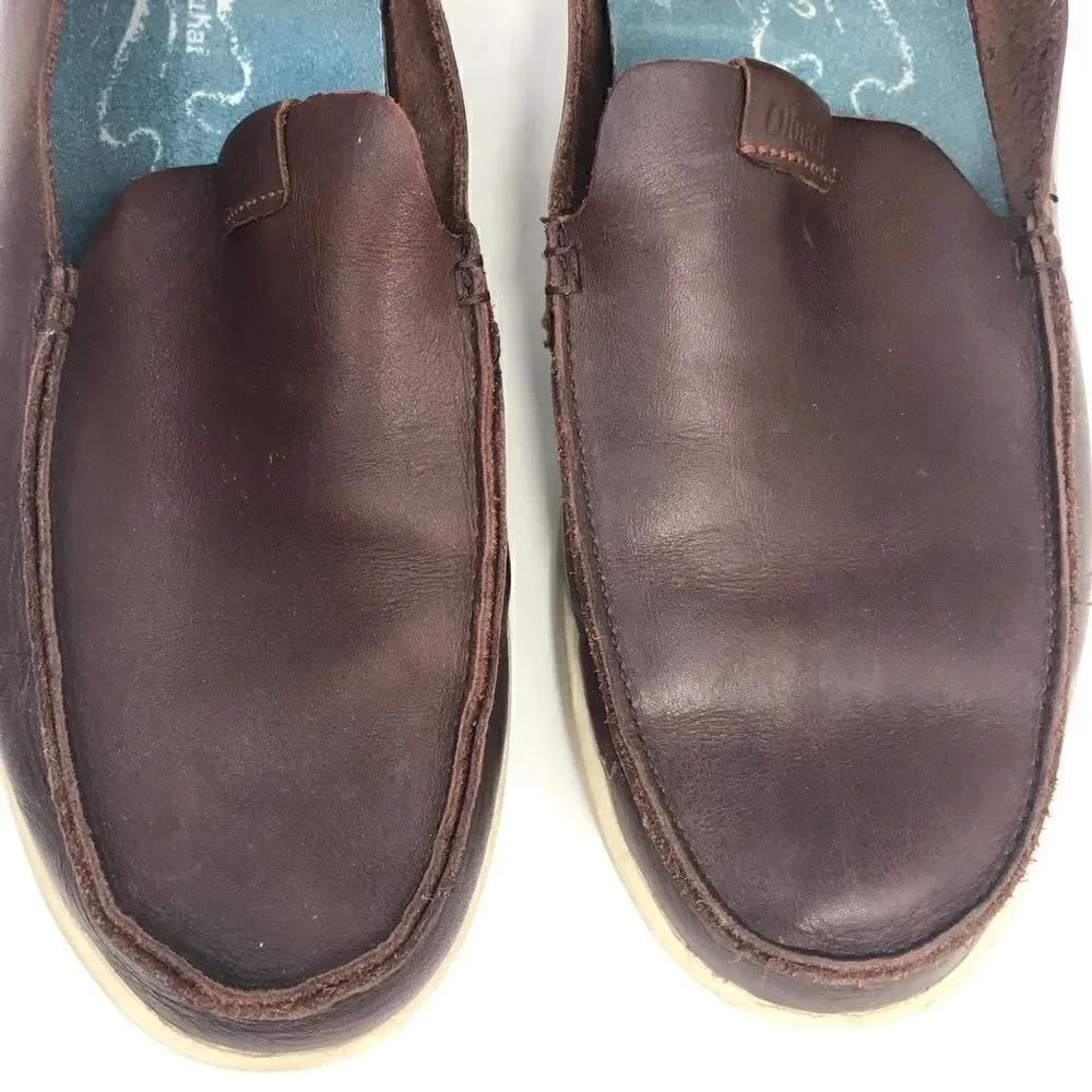 OluKai NALUKAI Brown Leather Slip On Casual Loafers